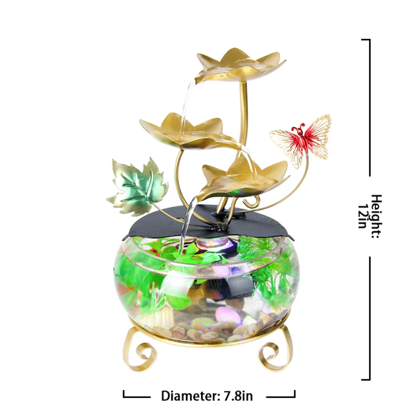 Fontana d'acqua da tavolo con foglie di loto dorate, con luci a LED, acquario e decorazione a farfalla, fontana zen decorativa per interni per casa o ufficio