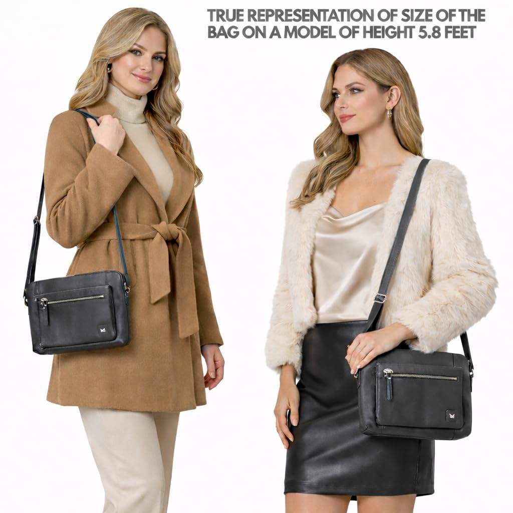 Wise Owl Accessories Borsa tracolla in vera pelle martellata, modello compatto unisex con tasche cerniera, ideale per viaggi, uso quotidiano e organizzazione