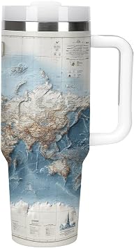 World Map Tumbler Insulated Travel Coffee Mug Car Cup Stainless Steel with Lid Handle Straw 40OZ