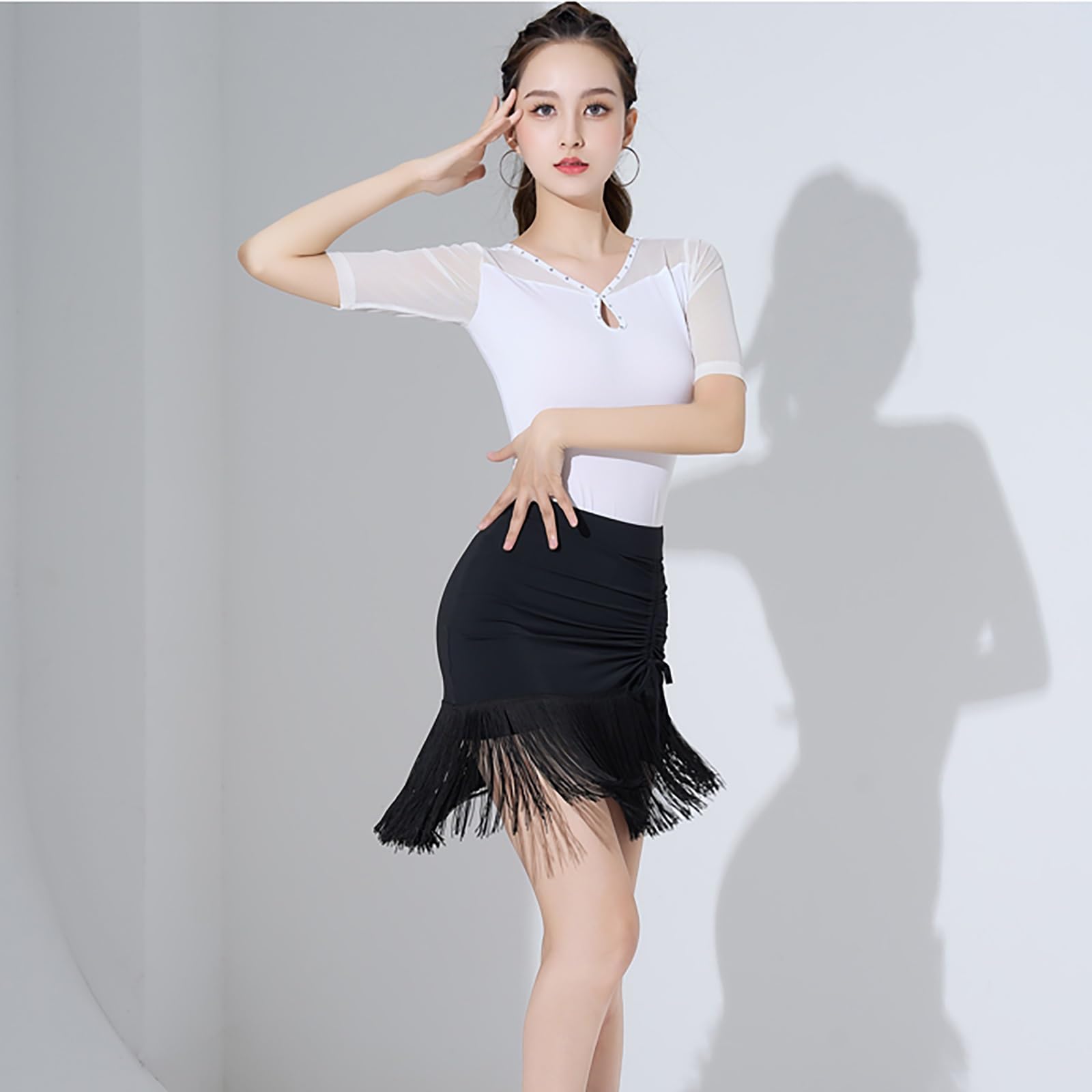 MEECHI Gonne da Ballo Latino da Donna for Allenamento, Competizione Gonna da Ballo con Frange Irregolari for Rumba Samba Tango Jazz Skirt da Ballo Corta Sexy con Spacco A Vita Alta
