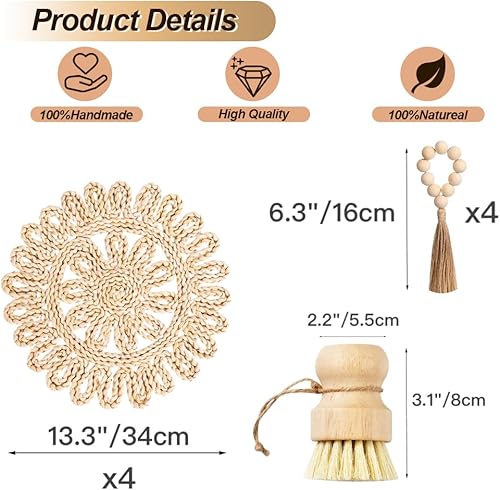 Miniatura 9 de Juego de 4 manteles individuales tejidos redondos y naturales de 13 pulgadas, manteles individuales de mimbre, manteles individuales de ratán,