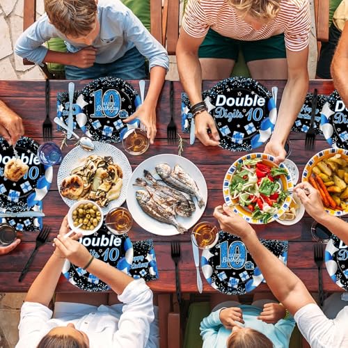 qyeahkj 100 pcs 10th birthday decorations for boys official teen 10th supplies plate napkin forks set disposable blue 10th birthday tableware paper plates dinnerware for kids teenager favors serve 25