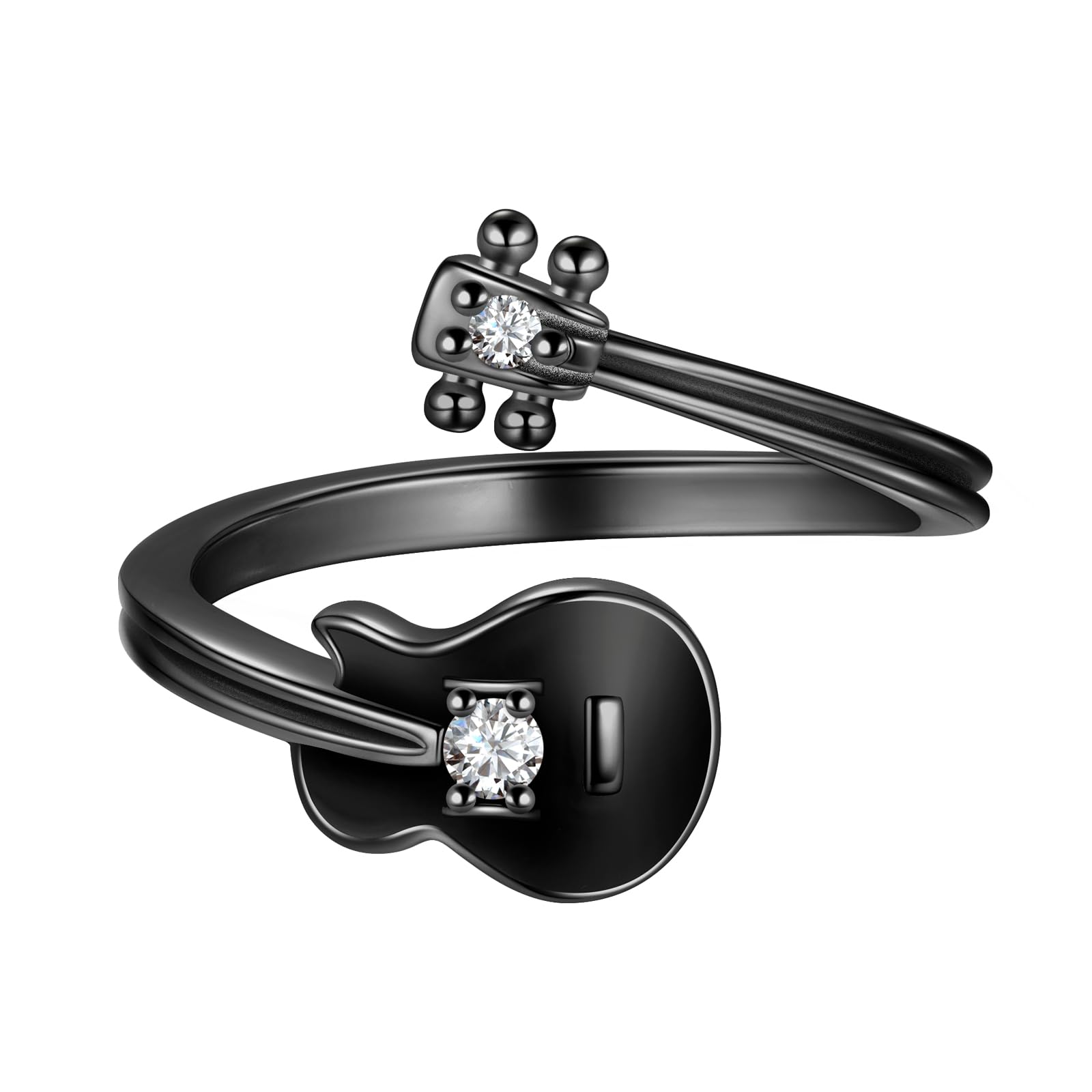 beautlace Men's Music Guitar Adjustable Rings Silver/Black Gun Plated Guitar Bass Open Ring Jewelry Gifts for Music Lover KR0113