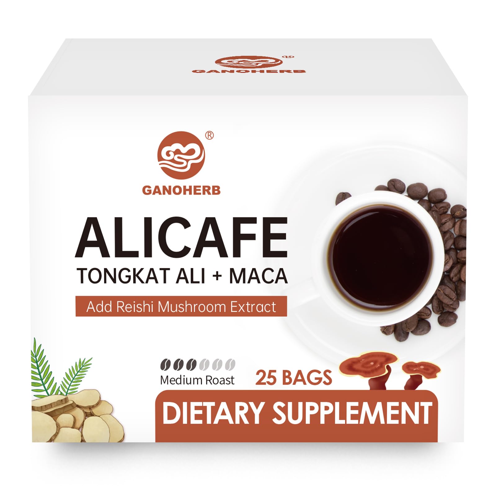 GANOHERB Maca Energy Coffee for Men, Women Herbal Coffee with Tongkat Ali, Maca Root, Reishi Mushroom Extract for Energy & Focus - 1 box (25 Packets)