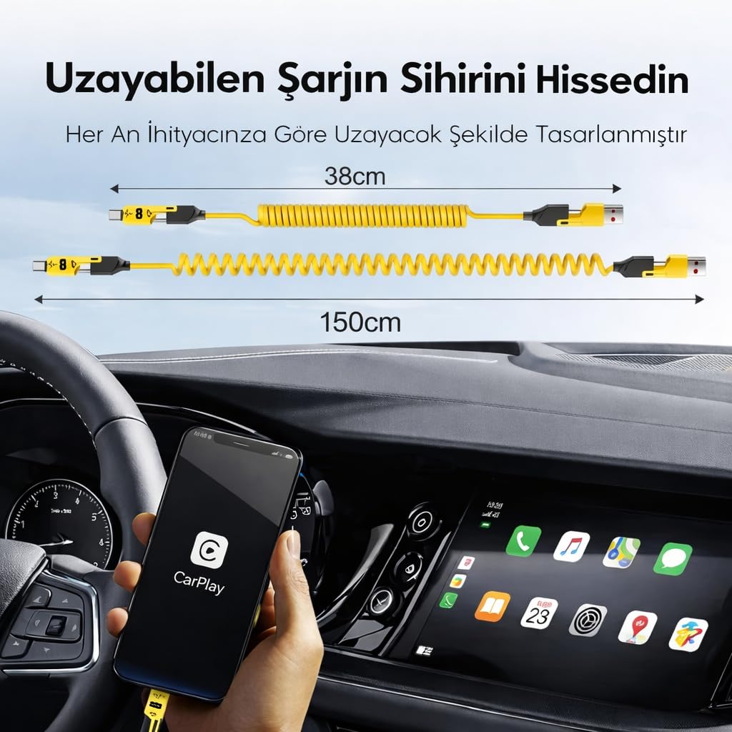 4’ü 1 Arada 65W Yaylı Hızlı Şarj Kablosu Type-C & Lightning PD Destekli, Dolaşmaz Spiral Tasarım, 1.5m Uzayabilir, Araç & Ev Uyumlu Şarj ve Veri Kablosu (Siyah)