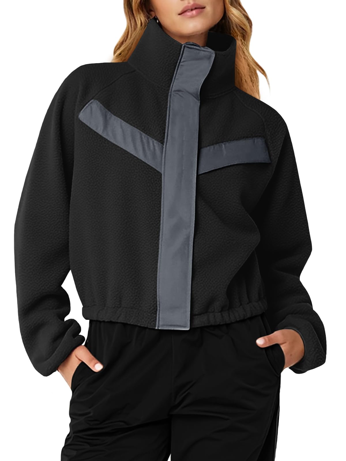 Fisoew Women's Cropped Fuzzy Fleece Sherpa Jacket with Stand Collar