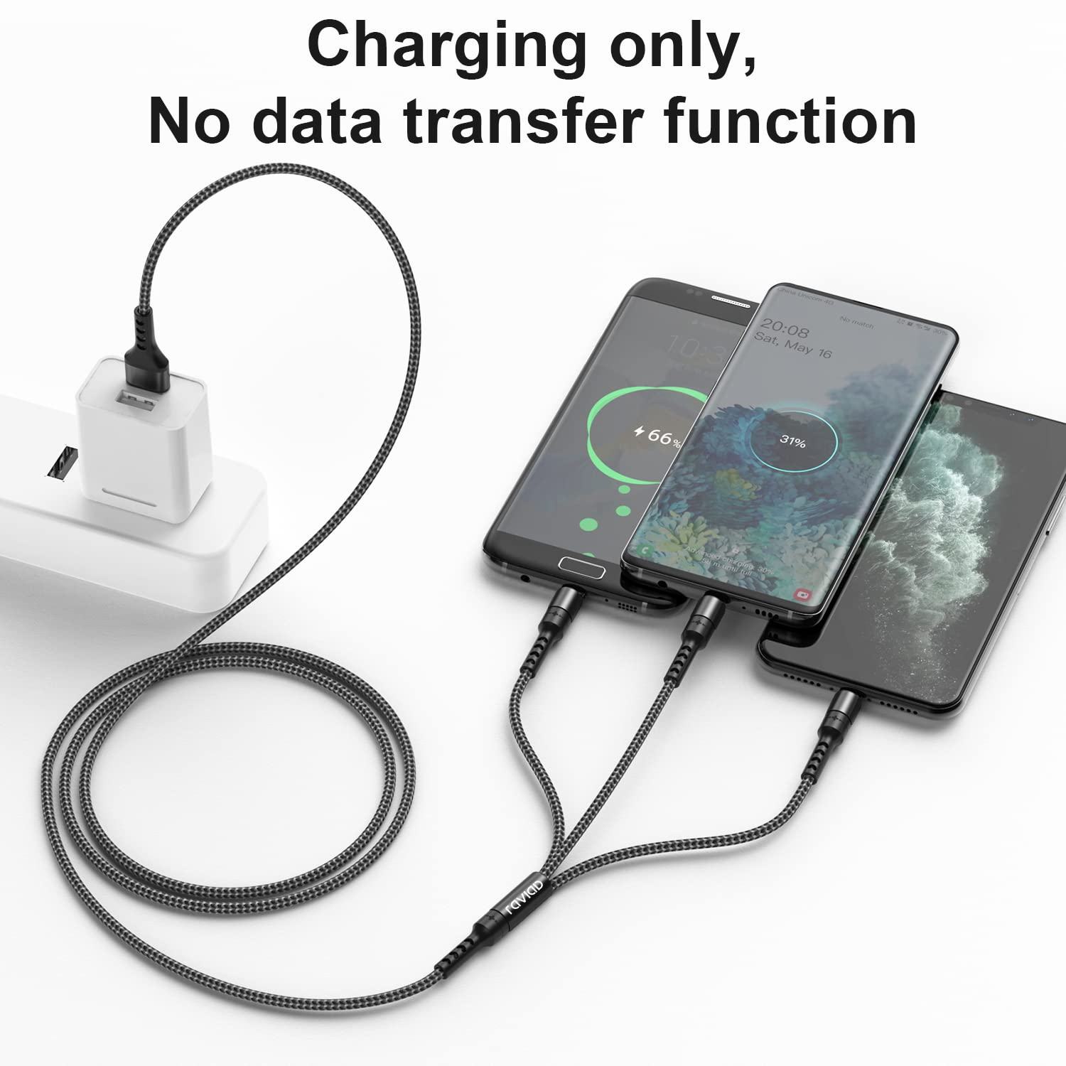 RAVIAD Multi Charging Cable 4FT, 3 in 1 Charging Cable Nylon Braided Multi Charger Cable Fast Charging Cord with IP Type-C Micro USB Connectors Compatible with Most Phones, Tablets and More - Black