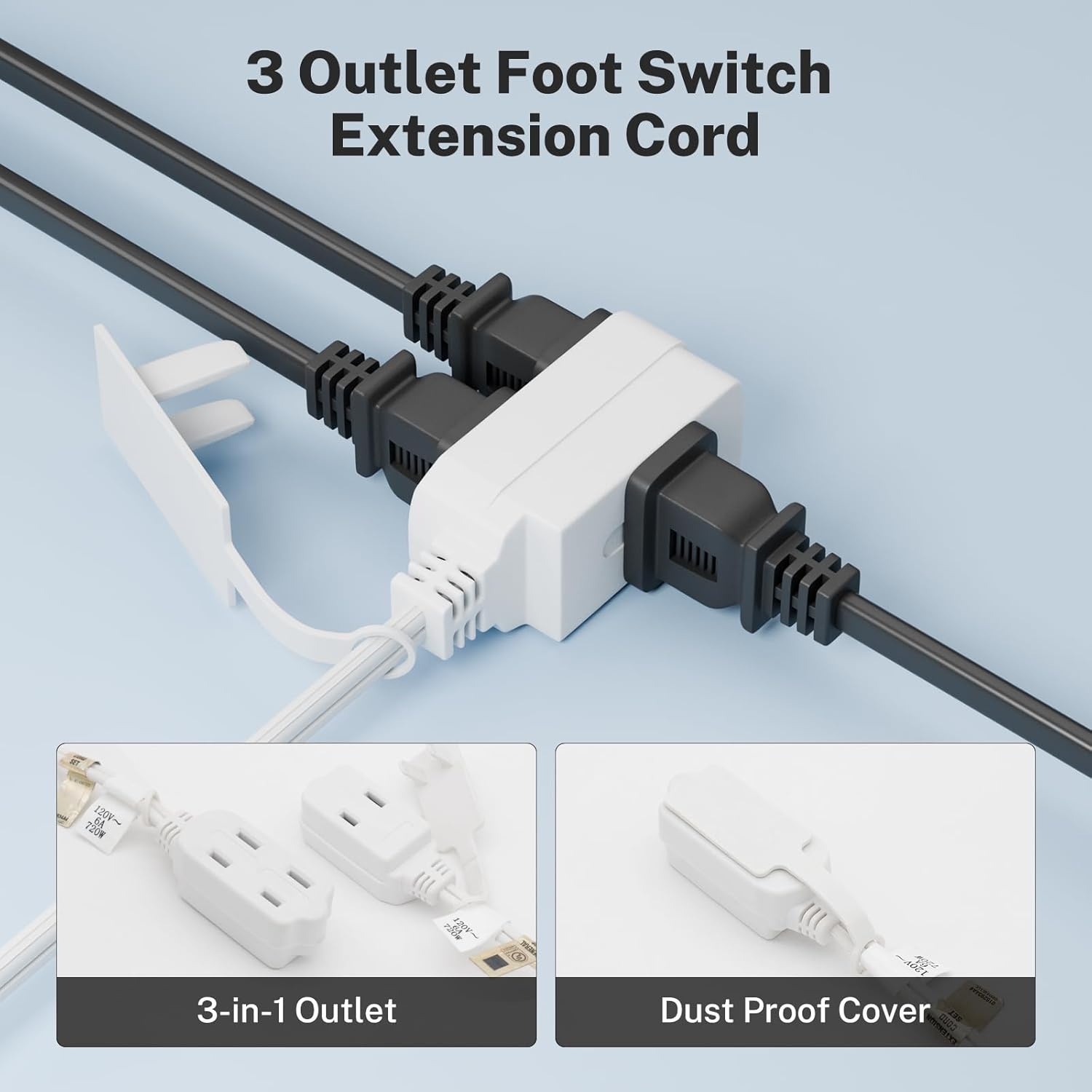 FIRMERST 2 Prong Extension Cord 3 Outlets with Foot Switch 6 Feet for Lights, Floor Lamp, White