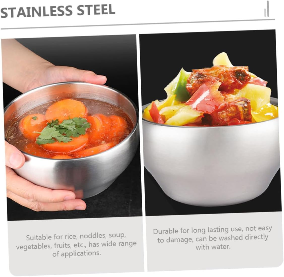 Cabilock 4Pcs Double Layer Stainless Steel Rice Bowls Insulated Soup Bowls for Instant Noodles Space Saving Design for Home Restaurant Use