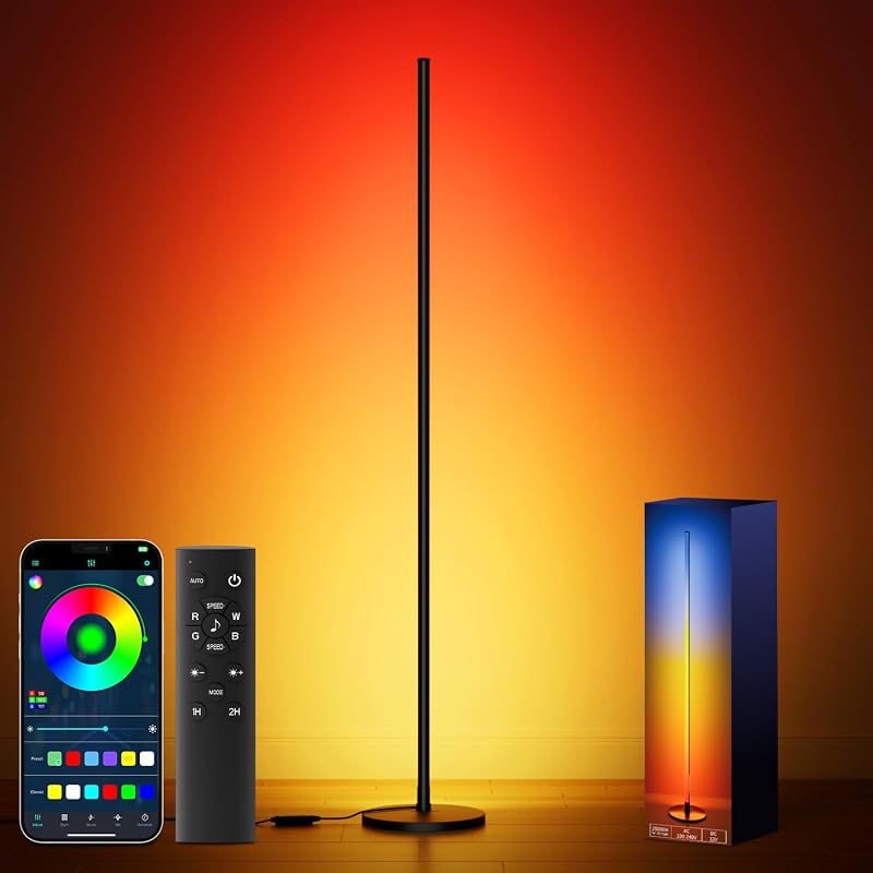 Bright LED RGB+IC Corner Floor Lamp with App and Remote Control Black | Smart Ambient Lighting Color Changing Standing Lamps with 16 Million DIY Colors, Music Mode,Tall Lamp for Living Room,Bedroom