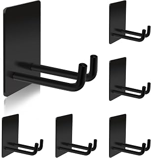 Adhesive Hooks, Stick on Stainless Steel Towel Robe Razor Wall Hooks for Bathroom Kitchen, Sticky Heavy Duty Durable Shower Hangers for Hanging Hat Coat Key by TONHTCAT 6-Pack (Black)