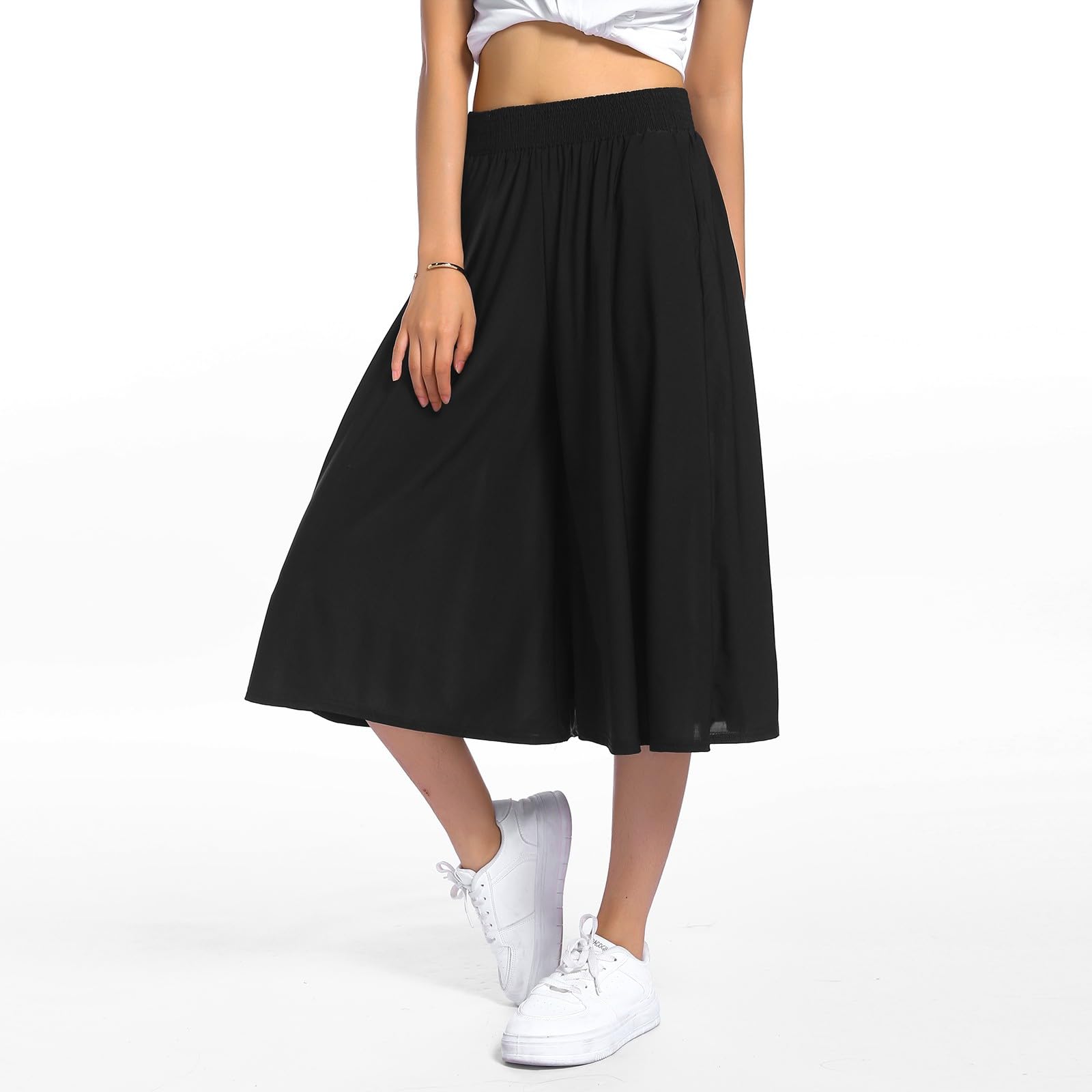 Pantalon Jupe Femme Décontractée 7/8eme Léger Taille Elastique Pantalon Été Chic Ample Jupe Culotte avec Poches Fluide Large Pantalons