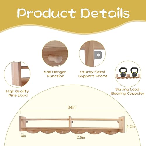 Miniatura 3 de Estantes para libros de guardería de 34 pulgadas montados en la pared, estante flotante para libros para niños con 6 ganchos, estante colgante de