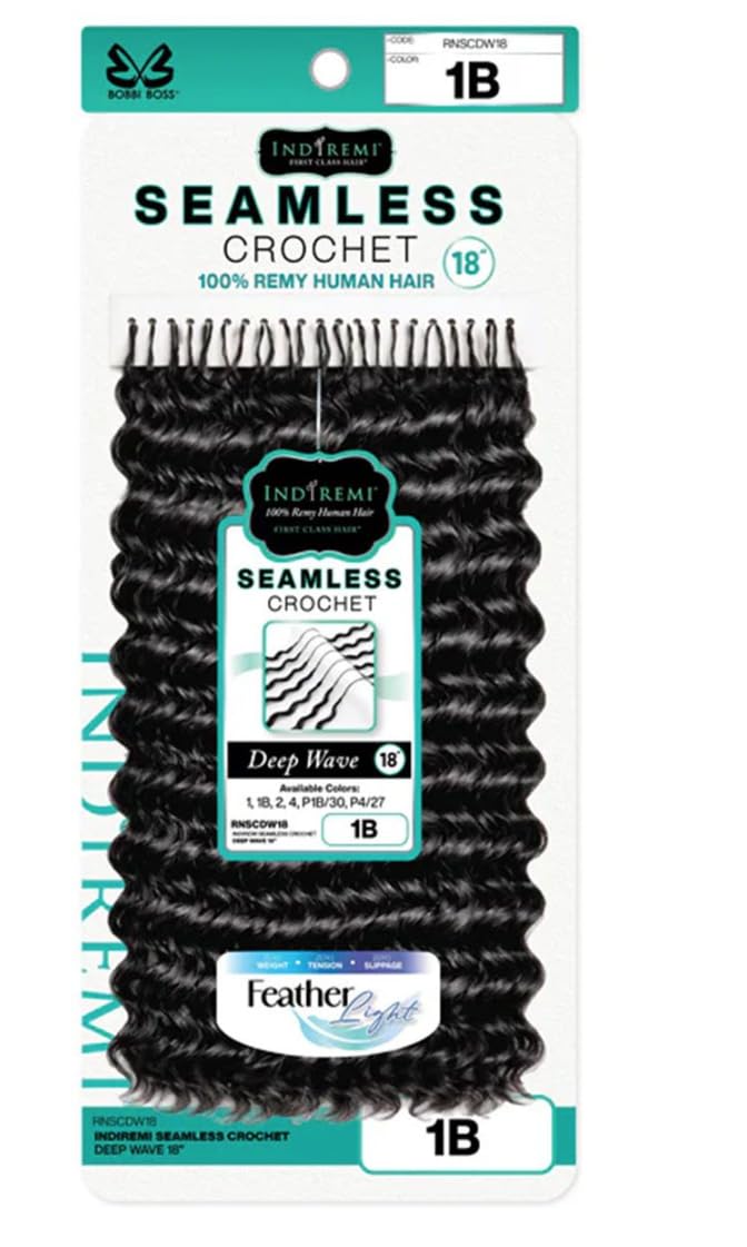 BOBBI BOSS Indiremi Seamless Crochet Deep Wave, 100% Remy Human Hair, 18 Inch, Color 1B