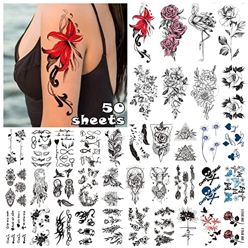 LEADTEAM 50 Blätter Temporäre Tattoos für Erwachsene, Fake Tattoo 3D Schwarze Rose Tattoo Blume Tattoo Arm Tattoo Gesichtstattoo Wasserdichtes Tattoo, Erwachsene Klebetattoos Aufkleben Männer Frauen Cover