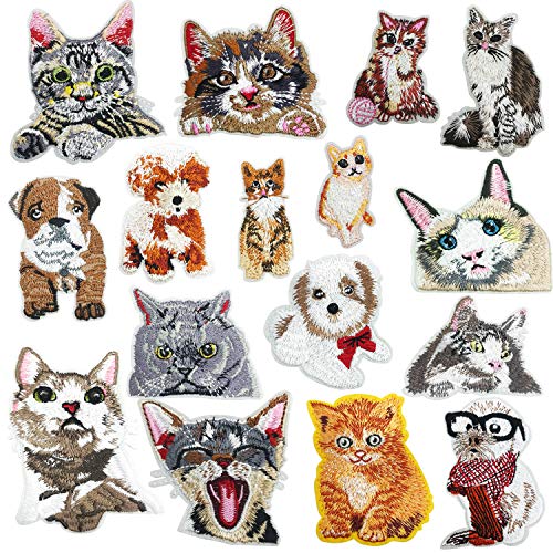 Woohome 16 PCS Cat and Dog Iron On Patches Assorted Cute Kitten Mini Cats Sew On Patches DIY Decoration or Repair, Embroidered Appliques for Clothing Backpacks Jeans T-Shirt Caps Shoes