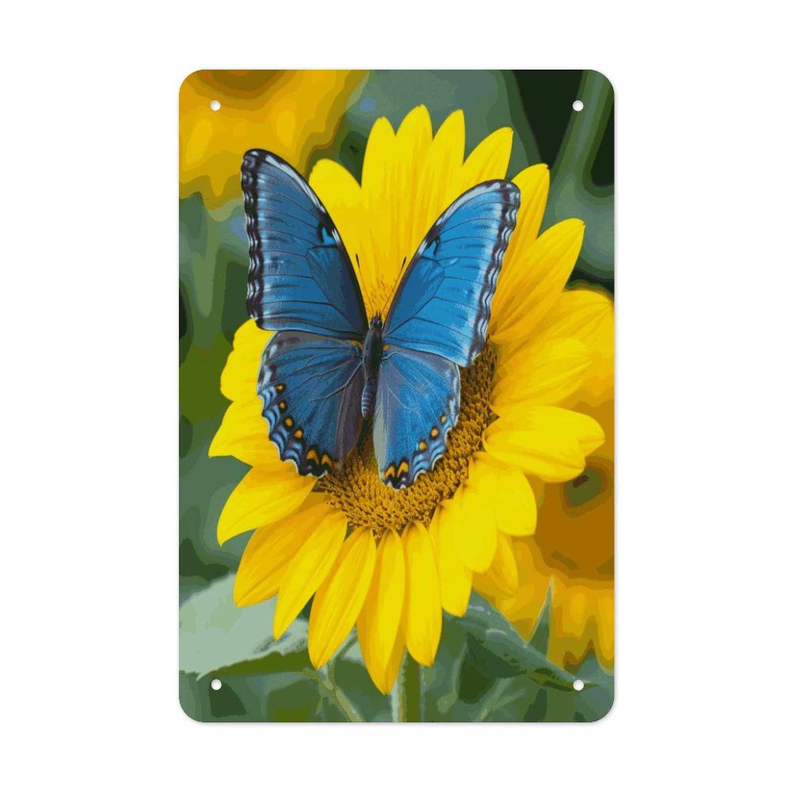 LDGSUPH Sunflower Blue Butterfly Wall Art Prints Folded Edge Iron Sheet Painting with Holes for Wall Prints Decorative Picture Metal Signboard Decor Painting for Outdoor Indoor Wall Decor