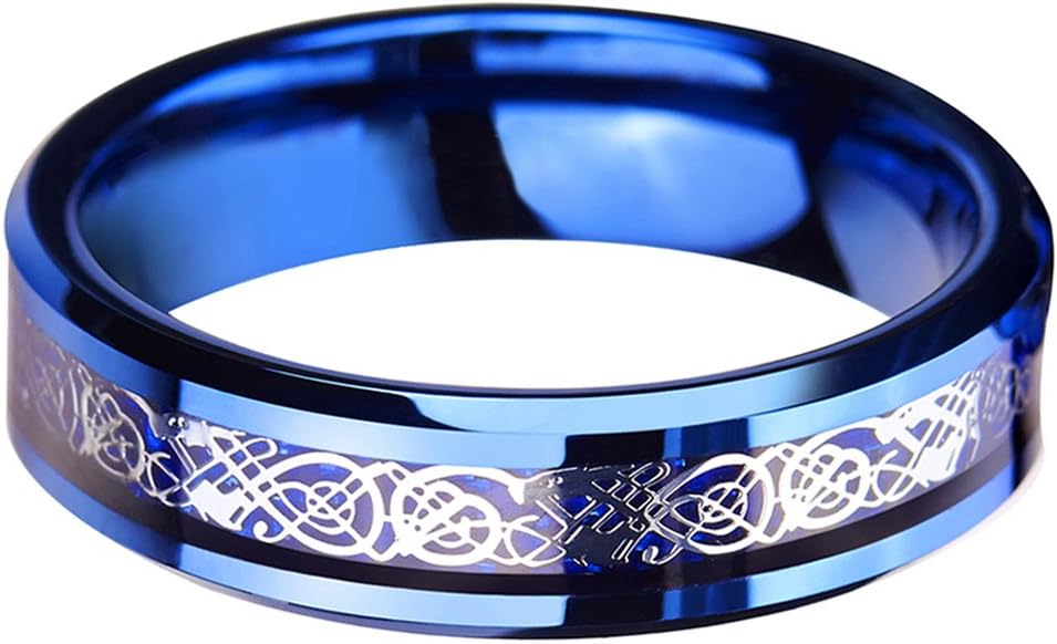 QUEENWISH 6mm/8mm Blue Tungsten Carbide Ring Celtic Dragon Blue Carbon Fibre Inlay Mens Wedding Band Comfort Fit - Image 3