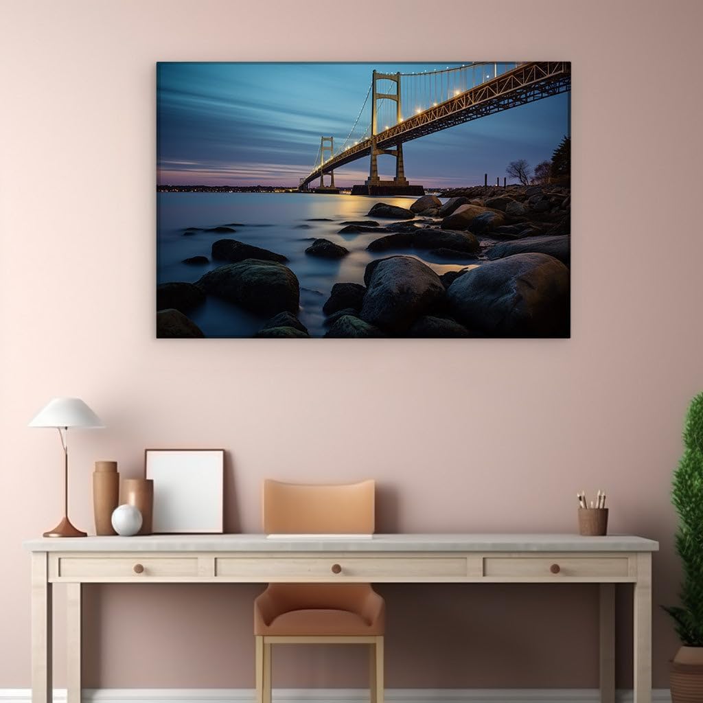 Canvas for Living room. Golden Twilight Serenity - Capturing the Throgs Neck Bridge in a Mesmerizing Long-Exposure Display, 27 x 18 inch Canvas Wall Art - Contemporary Masterpieces - Modern Home Decor