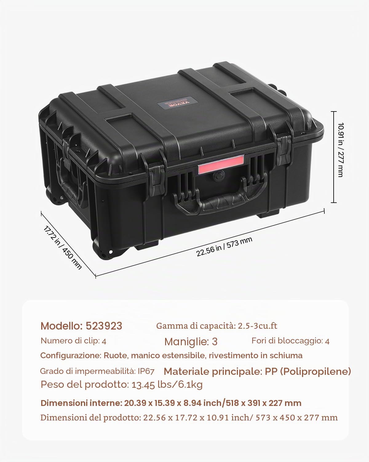 VEVOR Valigie Rigida Impermeabile 70,8 L, Custodia Protettiva Resistente alle Intemperie IP67 con 4 Clip, 4 Fori con Ruote Girevoli e Maniglia di Trazione Retrattile, per Lucchetto e Schiuma, Nero
