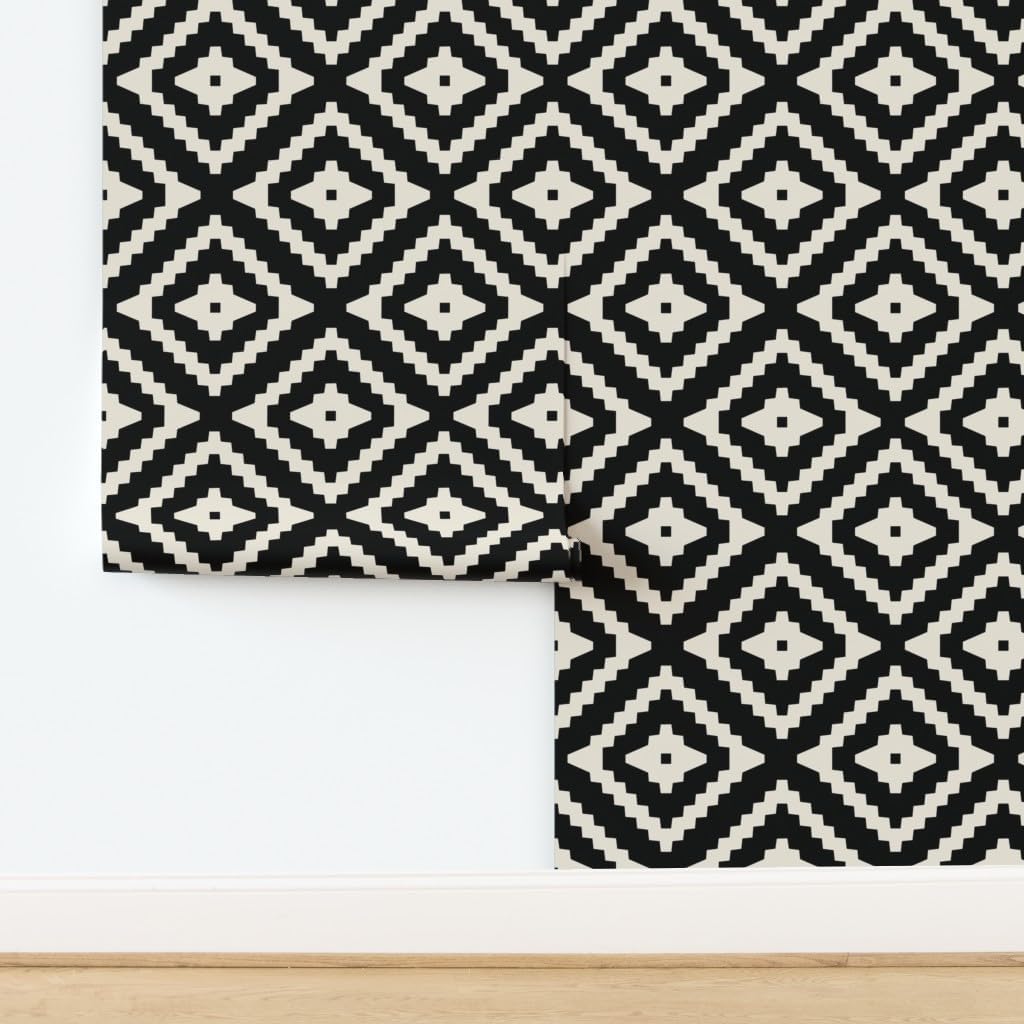 Removable Wallpaper 6ft x 2ft - Boho Black Tan White Neutral Geometric Custom Pre-Pasted Wallpaper by Spoonflower