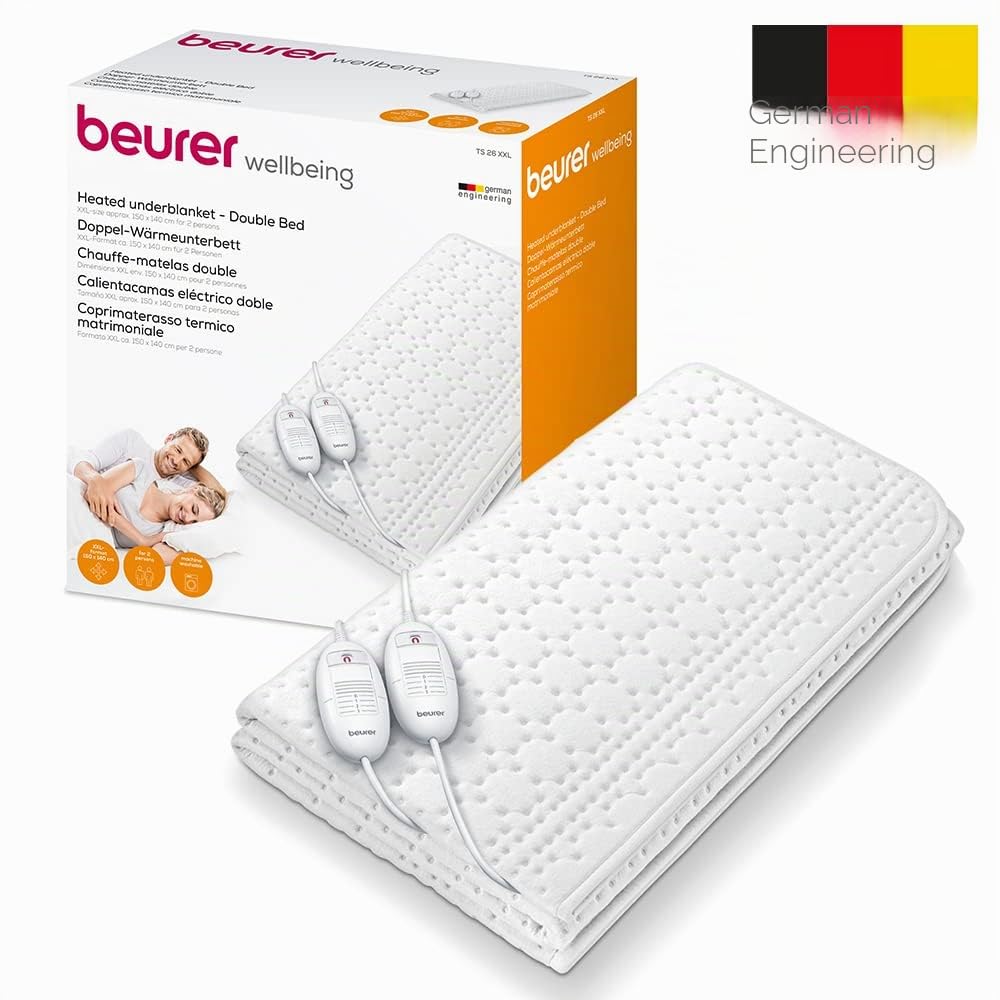Beurer TS 26 Doppel-Wärmeunterbett, extragroßes XXL-Format mit separat einstellbaren Temperaturzonen für zwei Personen, zwei Schalter mit je 3 Temperaturstufen, Maschinenwaschbar, 150 x 140 cm