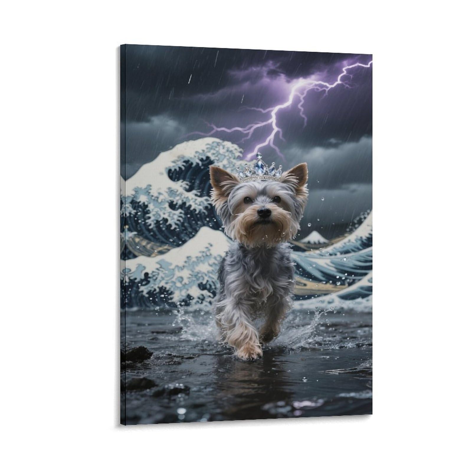Yyvkpmlxc Frame-Style-1 Yorkshire Terrier Puppy Wall Art Ocean Storm Canvas Giclee Artwork Pictures Decor By Paintings Ready To Hang For Home Decoration 16X24inch(40X60cm)