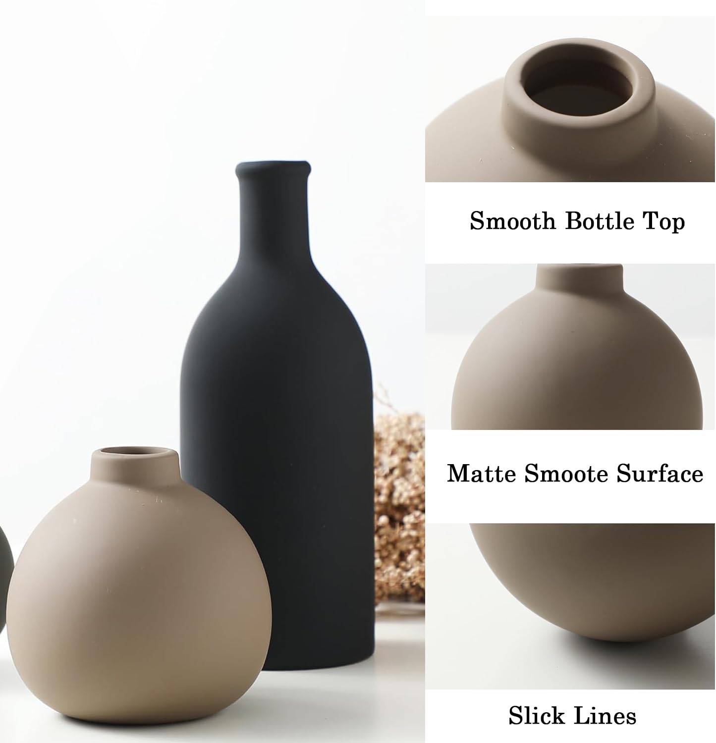 Lot de 3 vases en céramique - Décoration d'intérieur rustique - Vase en poterie pour table, salon, cuisine, chambre à coucher, salle de bain, bibliothèque, entrée (lot de 3)