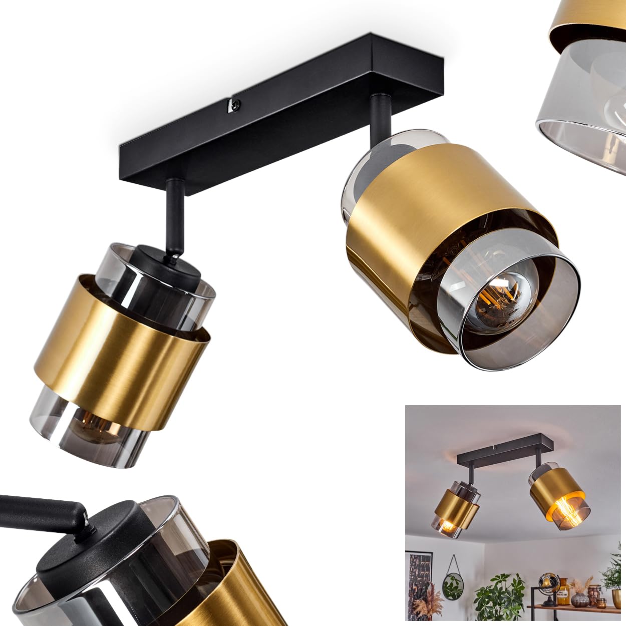 Traak Ceiling Light, Modern Metal/Glass Ceiling lamp in Black/Brass/Smoke, Retro/Vintage Ceiling Light with Adjustable lampshades, 2-Flame, 2 x E27, Bulbs not Included