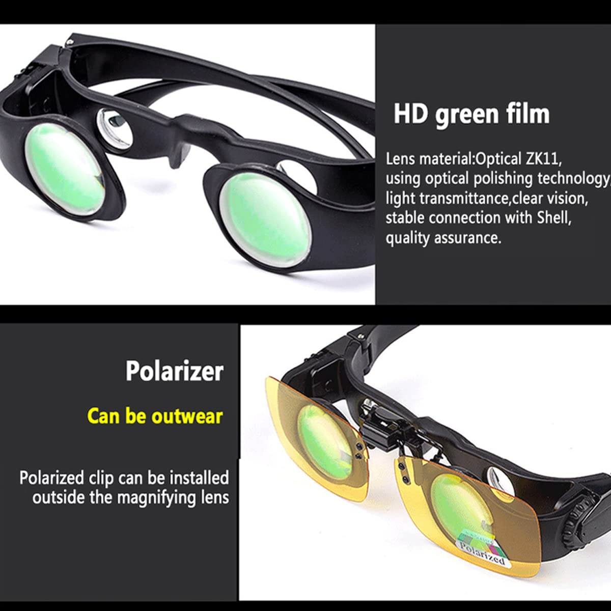 Occhiali Telescopici da Pesca, Portatile 8 Volte Zoom Pesca Dispositivo di Visione Notturna in condizioni di scarsa illuminazione con tre diverse lenti colorate, Pellicola ABS Verde, per la Caccia