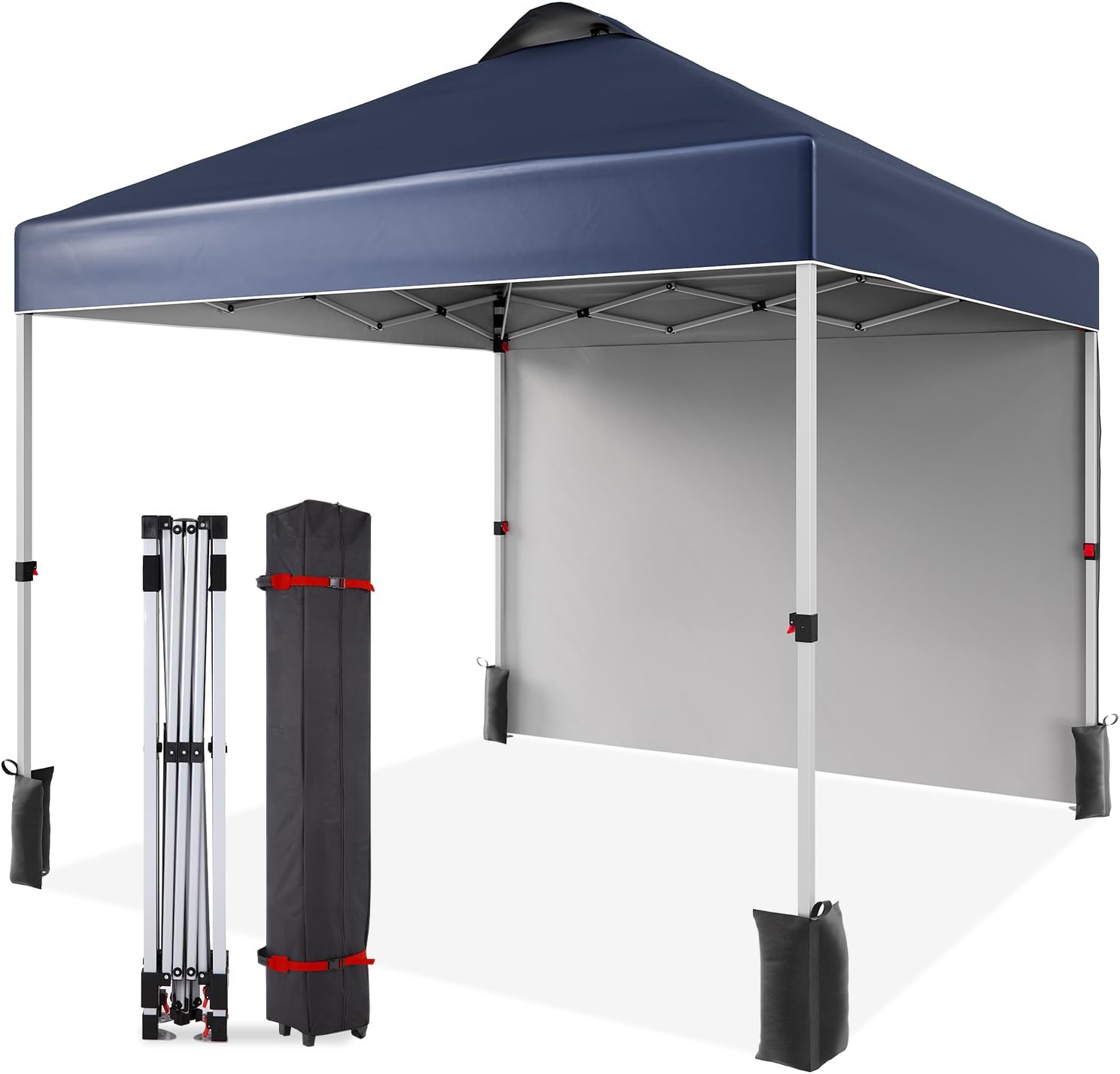 10x10 Pop Up Canopy Tent with One Side Walls, Commercial Instant Canopies Shelter, Includes Wheeled Carry Bag & 4 Sandbags, Portable Outdoor Sun Shade for Camping, Beach, Parties, Events, Navy Blue