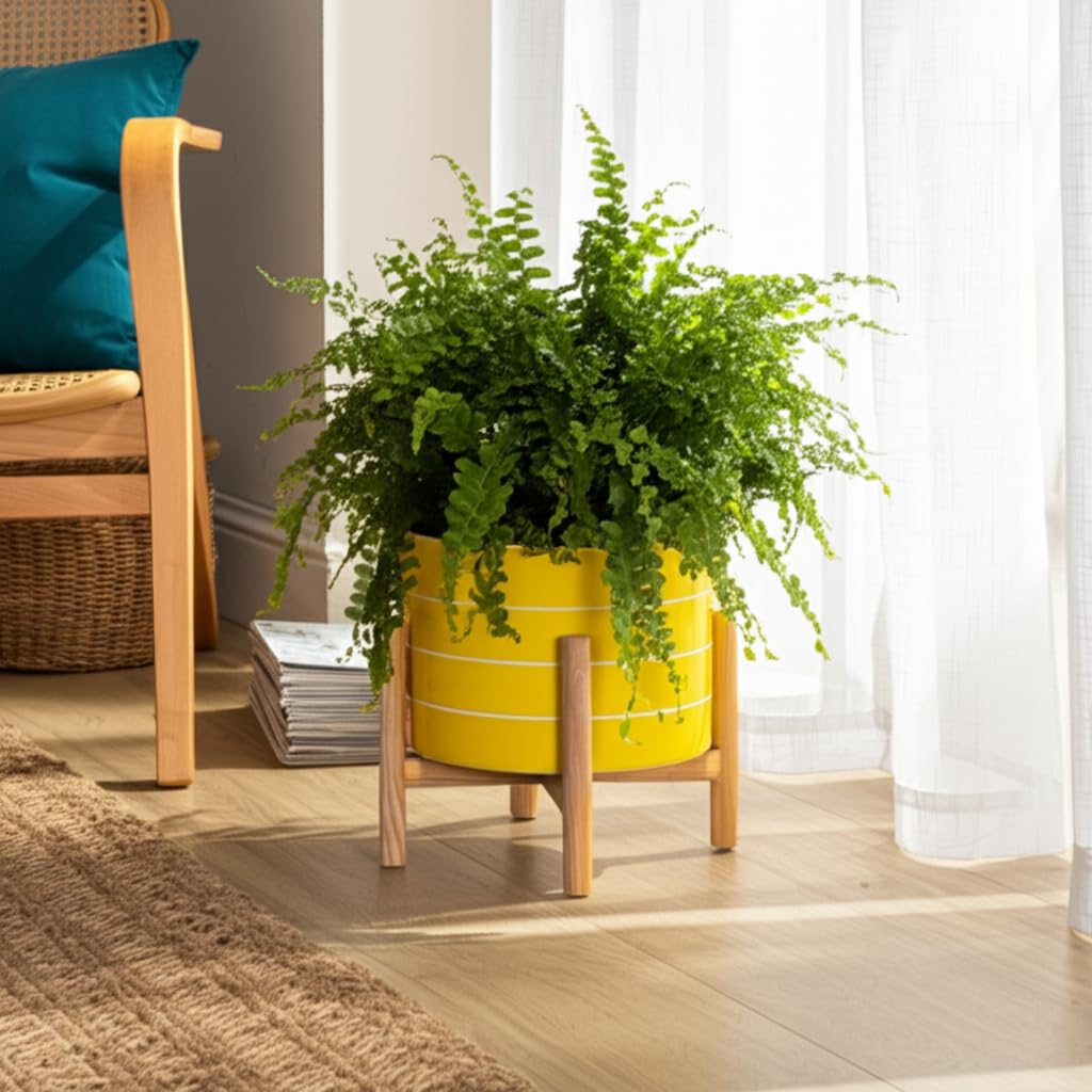 Sagebrook Home Ceramic Planter on Stand - Modern Stoneware Flower Pot with Wooden Base - Indoor/Outdoor Decorative Plant Holder for Home & Garden - 9