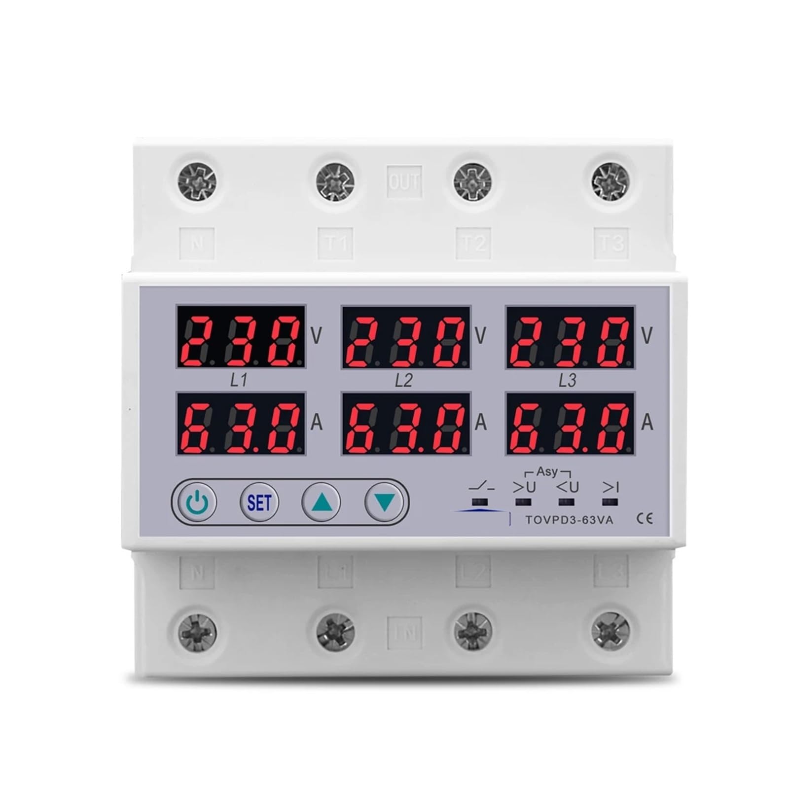 NVSFZGIYG 3 Phase 3P+N Din Rail Voltmeter Ammeter Adjustable Over and Under Voltage Current Limit Protection Monitor Relays Protector 1 Pcs(63A without N 380V)