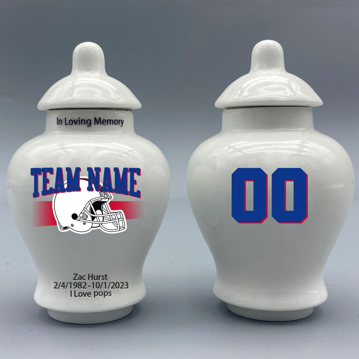 Custom Football Small Porcelain Urn – Add Name, Date & Jersey Number