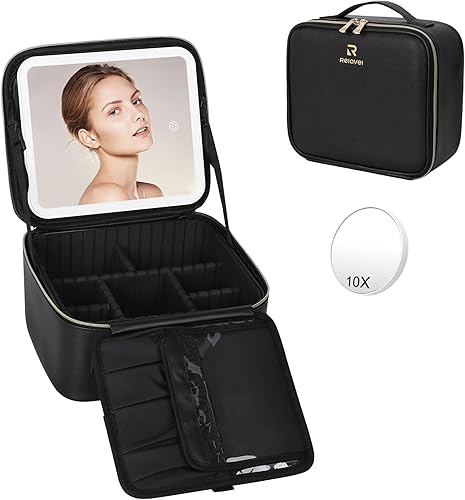 Relavel Bolsa de maquillaje de viaje con espejo LED, bolsa organizadora de cosméticos, estuche de maquillaje con espejo iluminado, 3 luces de color,