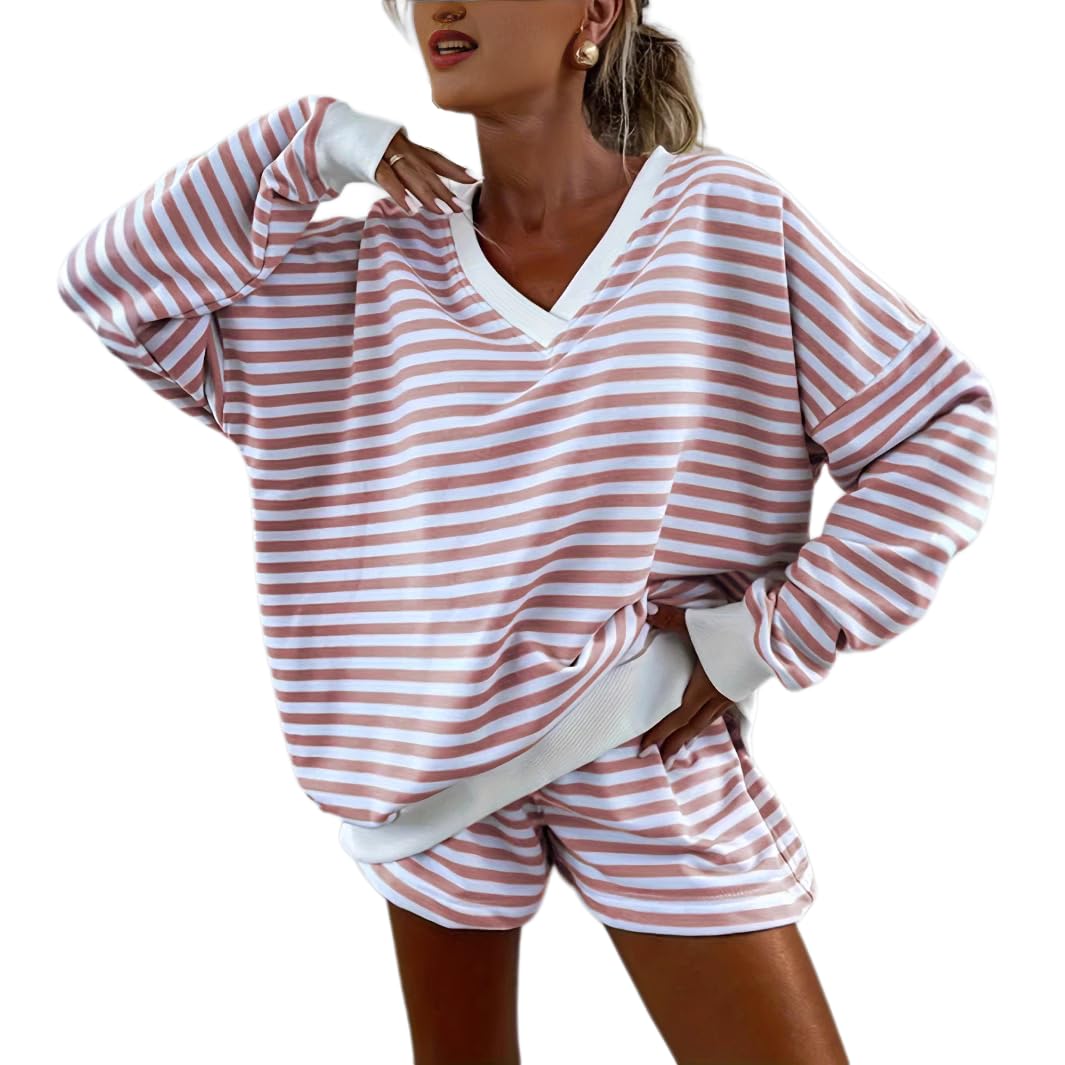 Melliflo Women 2 Piece Outfits Lounge Sets Striped Print Long Sleeve V Neck Sweatshirt and Shorts Set Sweatsuit