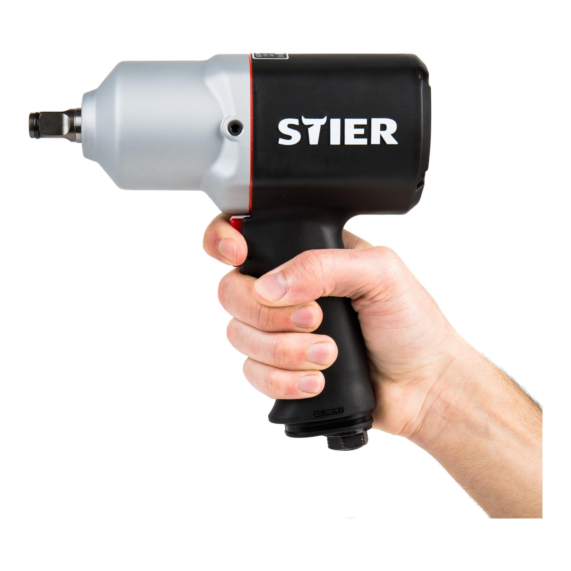 STIER Druckluft Schlagschrauber 15-PC, leicht, max. Lösemoment 1.054 Nm, vierkant, 1/2 Zoll, Stecknippel 1/4 Zoll, Schlagschrauber mit Hochleistungs-Stift-Schlagwerk, 3 Geschwindigkeitsstufen