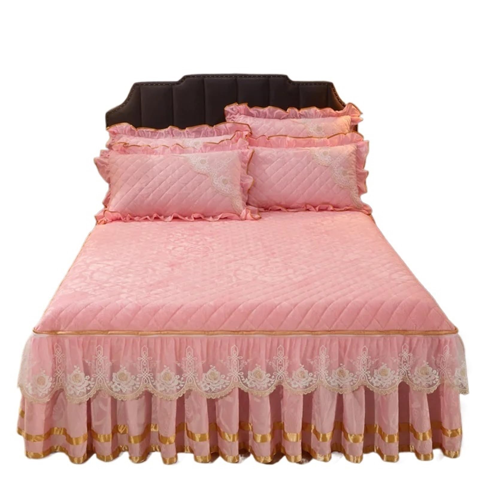 Winter Coral Fleece Zipper Removable Bedspread King Queen Thicken Velvet Quilted Bed Skirt Not Including Pillowcase(Pink,1pc Skirt 180x200cm)