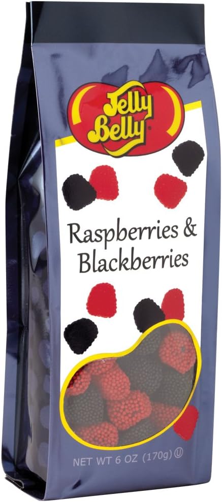 Jelly Belly Raspberries and Blackberries, Jell Confection Candies with Non-Pareil Candy "Seeds", 6 Ounce Gift Bag