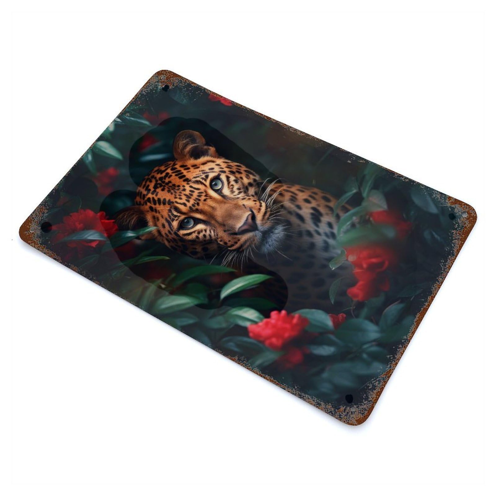 Leopard Green Jungle Roses Rusty Metal Tin Sign 11.8"x7.9", Industrial Home Decor for Garage, Pub Or Kitchen