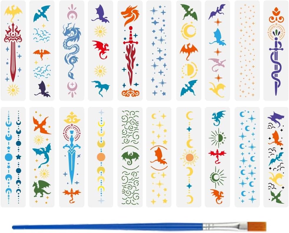 FINGERINSPIRE 20PCS Moon Dragon Painting Stencils with Paint Brush 2.9x11.8inch Reusable Moon Phrase Template Hollowed Dragon Sun Stars Stencil Fantasy Theme Template for Painting on Furniture