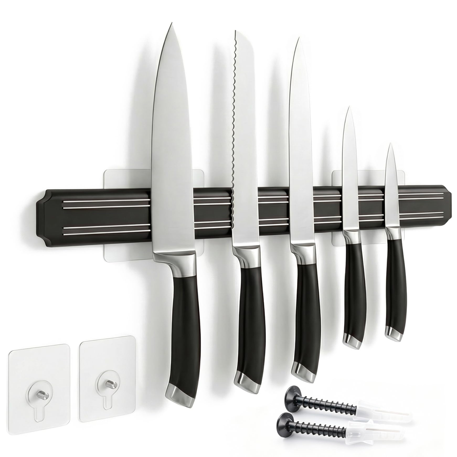 Magnetic Knife Holder for Wall - 15 Inch No Drill Knife Bar with Strong Double Row Magnets, Eco-Friendly & Waterproof Plastic, Holds Knives & Kitchen Tools Securely, Easy Peel & Stick Installation