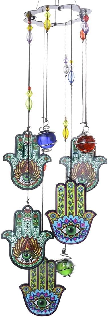 Wind Chimes Outdoor Decor, Metal Memorial Windchimes Hanging Decoration for Garden Home Yard and Christmas Tree,15'' Hamsa Hand Evil Eye Chakra Glass Beaded Design Christmas Decor