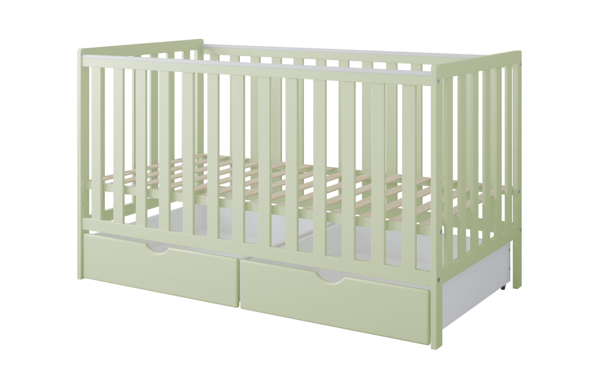 zee Cuna Bebé 140x70 cm Bambi 2 en 1 Convertible en Cama Infantil Verde Menta con 2 Cajones Protección Mordida Ajustable 3 Alturas Cuna Madera