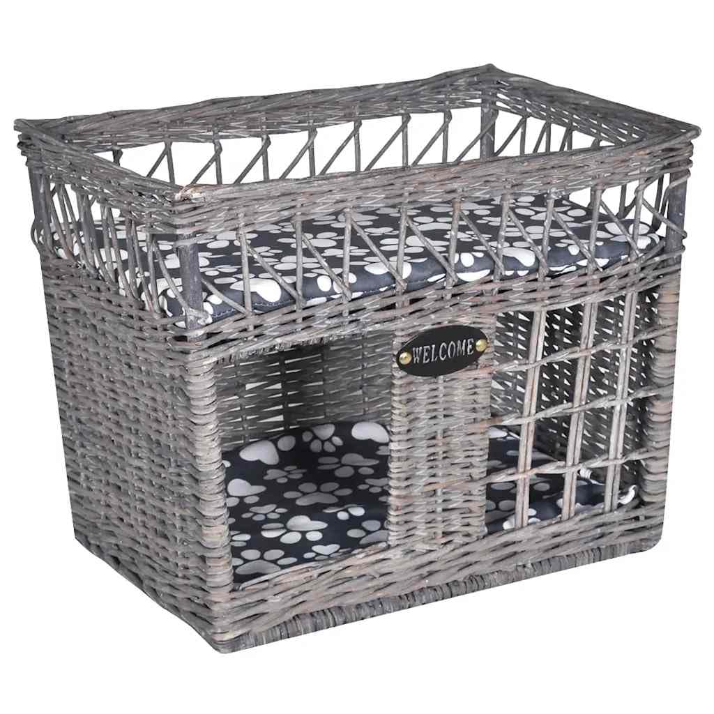 Cuccia per gatti in vimini intrecciato, con cuscino, grigio