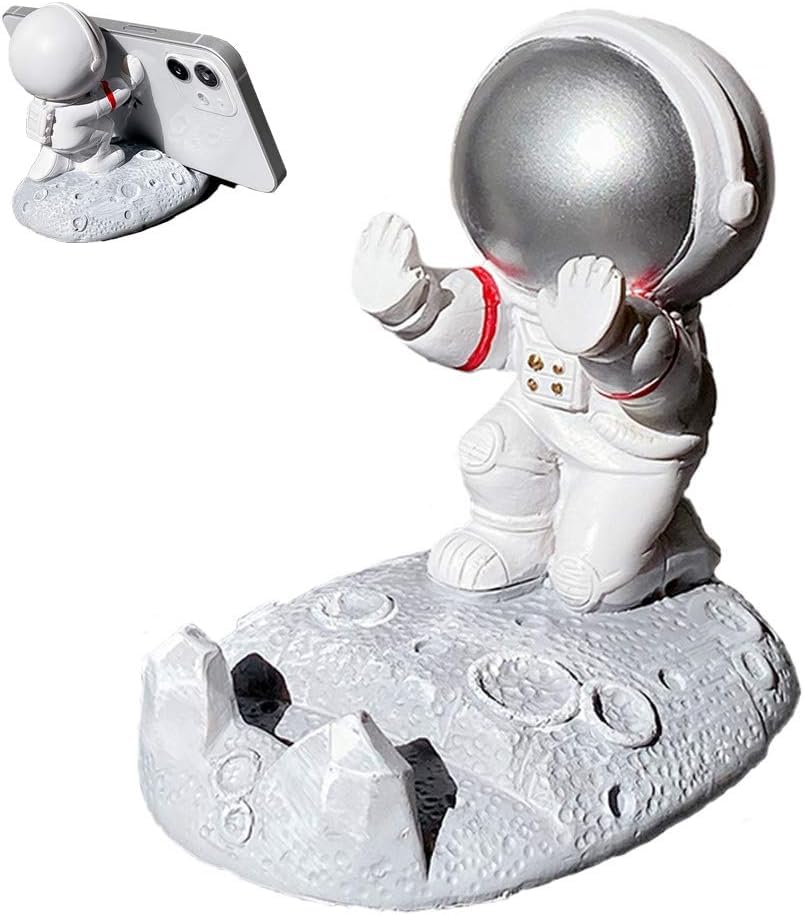 Jivitam Unique Cute Cell Phone Stand Car Holder Cool Fun 3D Cartoon Astronaut Phone Tablet Bracket for Desk All Smartphones for Children Gift Decor Home (Push-Silver)-picture-13