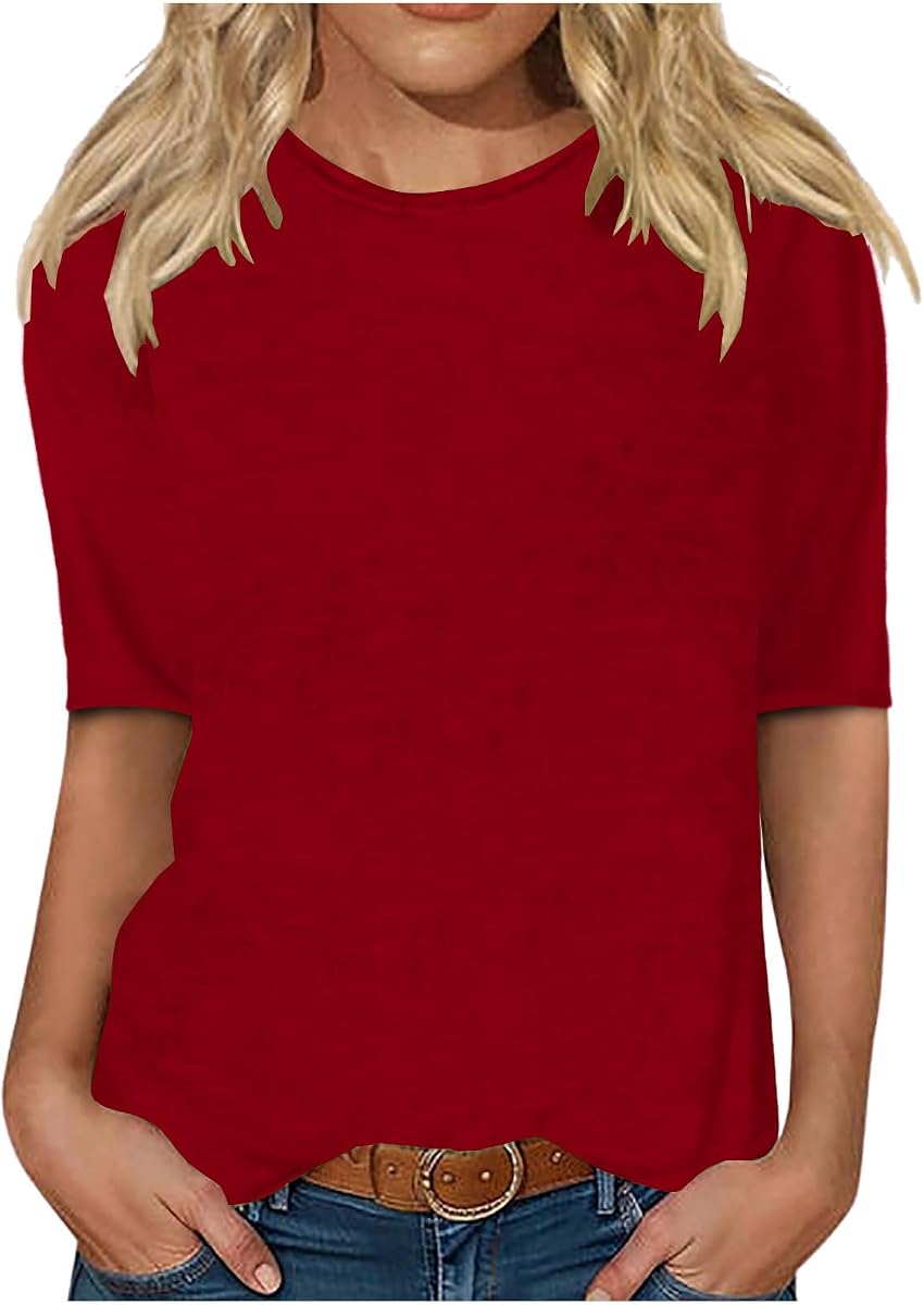 LRMQS-Camiseta de media manga para mujer, Tops de Color sólido, blusa con cuello redondo a la moda, ropa de mujer 2025