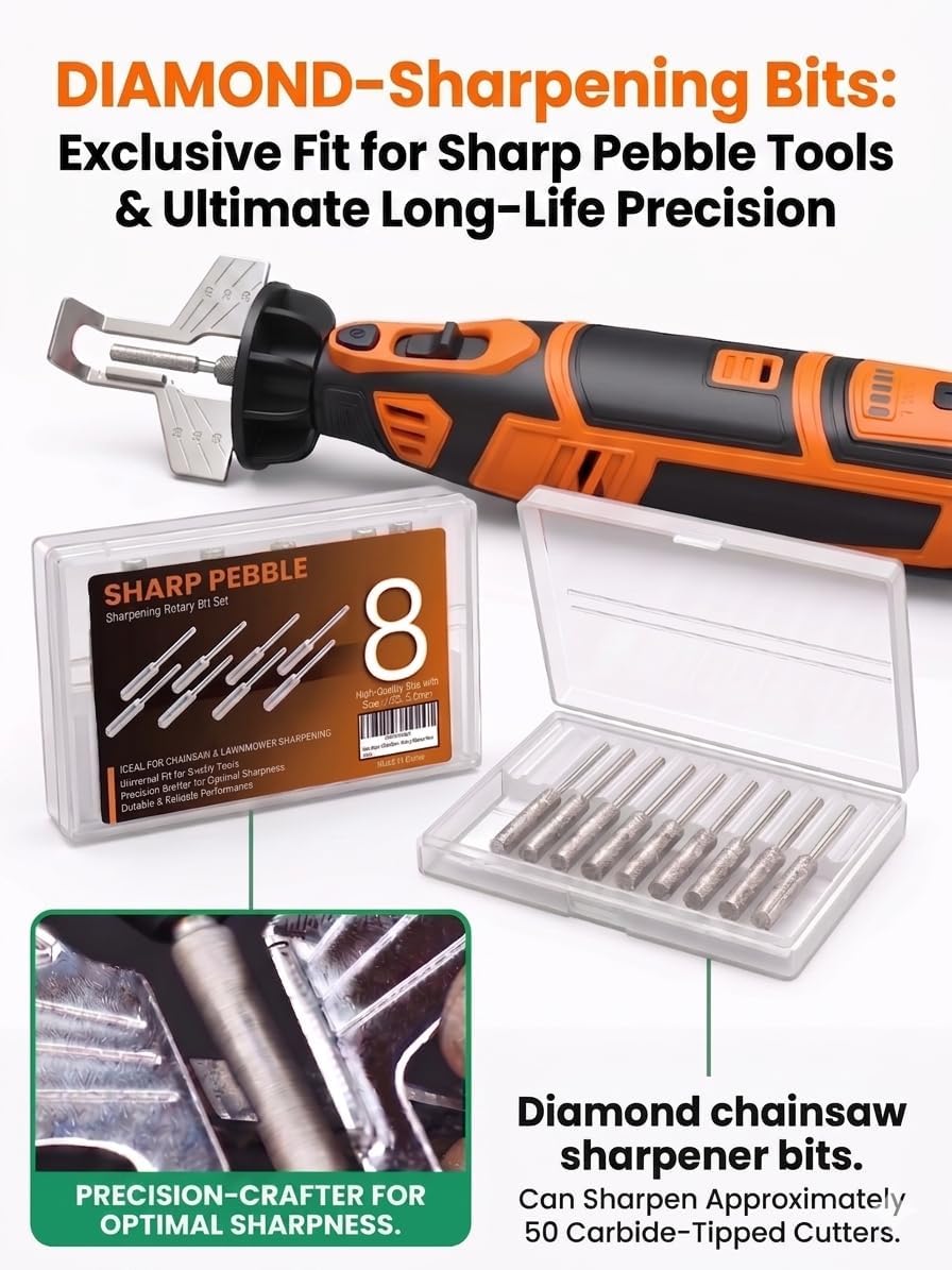 Sharp Pebble 8-Piece Chainsaw & Lawnmower Sharpener Bit Set – 7/32" (5.5mm) Diamond Sharpening Stones - Durable Grinding Bits for Chainsaw Blade, Lawn Mower Blade & Garden Tool Sharpening