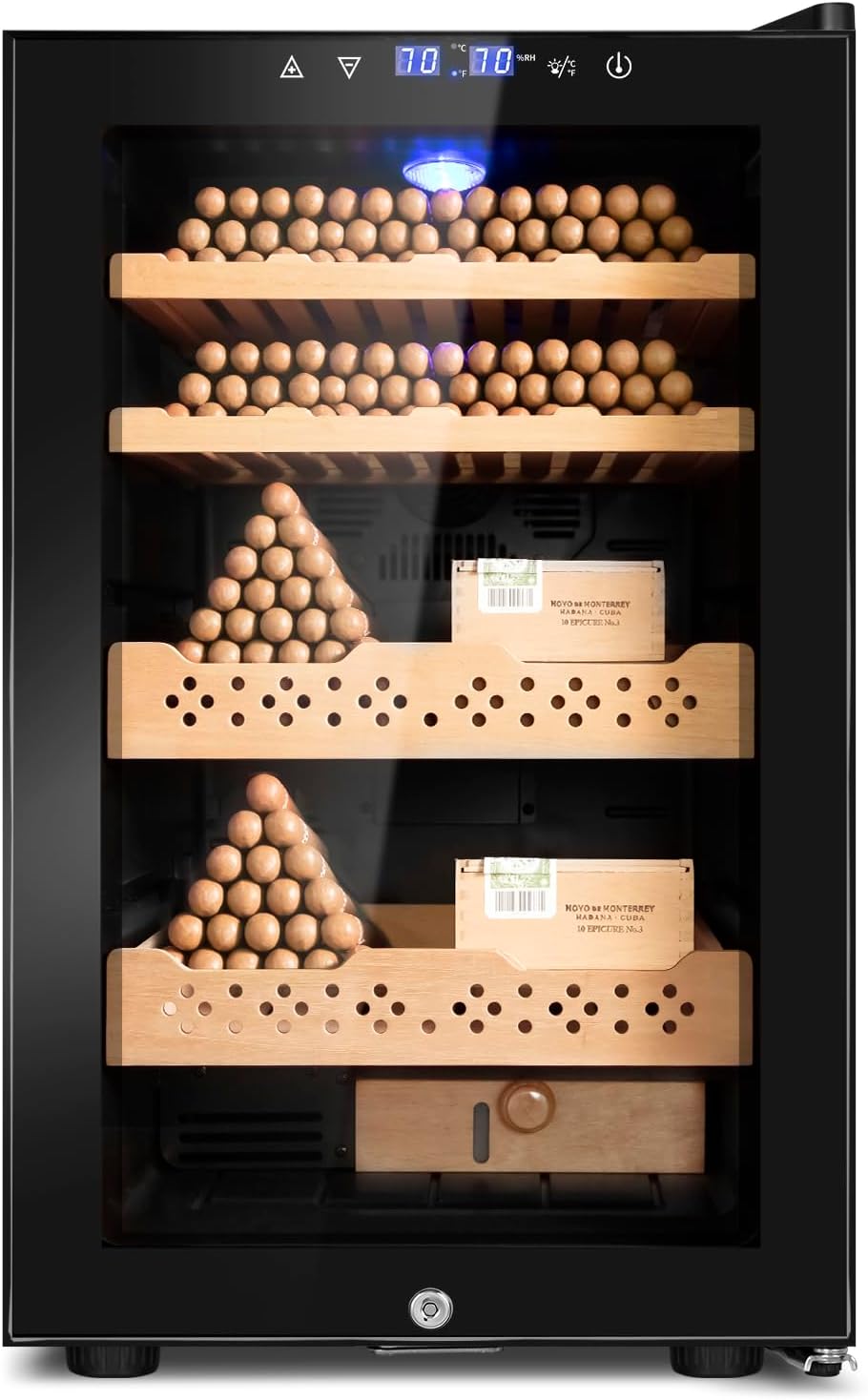 Electric Cooler Cabinet 70L with Temperature and Humidity Control, Spanish Cedar Wood Shelves and Safety Lock (490 Counts Capacity), Gift for Men