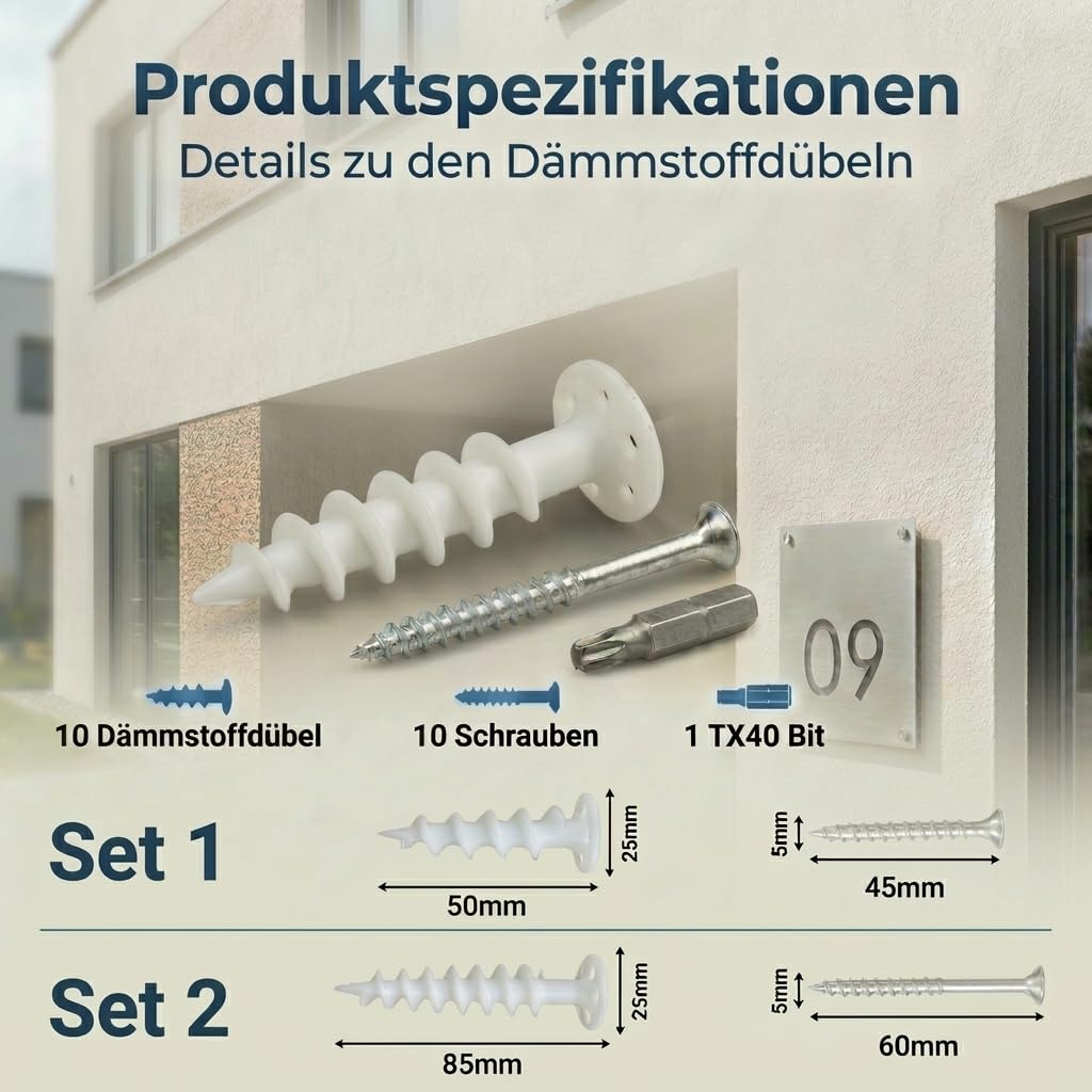 Dämmstoffdübel Thermo Wärmebrückenfrei – ohne Vorbohren – inkl. 10 Schrauben & TX40 Bit – Isolierdübel für Fassaden, EPS/XPS – sichere, schnelle Montage für leichte Anbauteile(50mm, 10, Set)